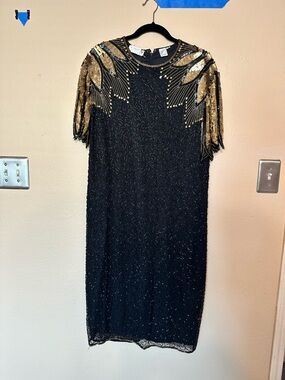 Vintage Beaded Black Dress with Gold Sequin Shoulder Detail